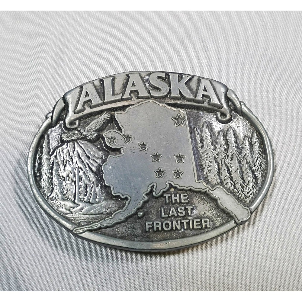 Silver Alaska Belt Buckle. "The Last Frontier" Oval 1.5 in